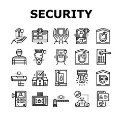 Home Security Device Collection Icons Set Vector. Motion Sensor And Cctv Camera, Alarm Siren And Lock With Password Home Security And Protect Equipment Black Contour Illustrations