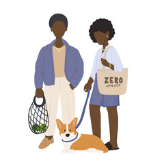 Zero waste life style. Cartoon women and men with natural eco products in linen bag and a string bag, shopping with zero pollution, concept healthy lifestyle isolated on white background