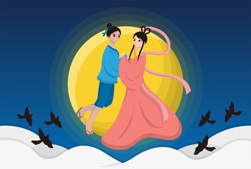 Chinese Festival, Chinese Tanabata Festival, Tanabata, cartoon illustration Cowherd and Weaver Girl, magpie, love, holding hands, July 7, legendary festival