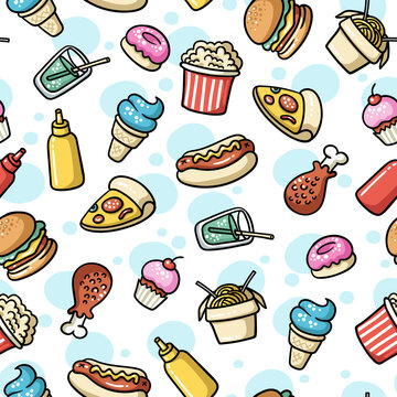 Vector seamless pattern on the theme of fast food. Background with isolated cartoon colorful hamburgers, ice cream, popcorn, cupcakes, donuts, pizza, noodles, lemonades