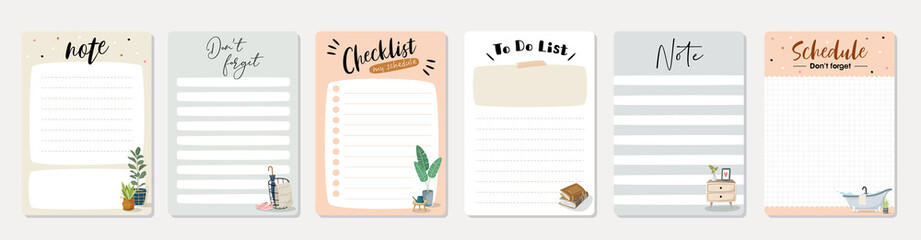Set of planners and to do list with home interior decor illustrations. Template for agenda, schedule, planners, checklists, notebooks, cards and other stationery. - obrazy, fototapety, plakaty