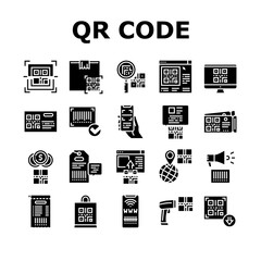 Qr Code Identification Collection Icons Set Vector. Qr Code Ticket And Bag, On Computer Screen And Web Site, Label And Scanning Pistol Glyph Pictograms Black Illustrations