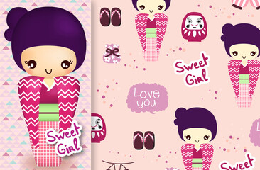 Sweet Girl with pattern vector set