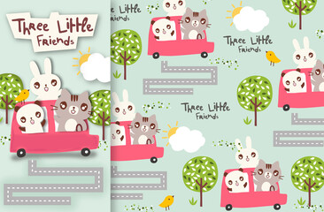 Three Little Friends Vector with pattern