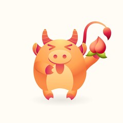 Cute wealth bull, cheerful ox hold prosperity peach on isolated background. Lunar symbol of year blessing. Mascot for Merry Christmas and happy Chinese new year 2021. Vector stock illustration.