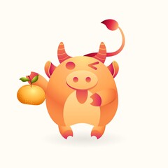 Cute wealth bull, cheerful ox hold longevity orange on isolated background. Lunar symbol of year blessing. Mascot for Merry Christmas and happy Chinese new year 2021. Vector stock illustration.