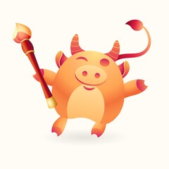Cute wealth bull, cheerful ox hold calligraphy brush on isolated background. Lunar symbol of year blessing. Mascot for Merry Christmas and happy Chinese new year 2021. Vector stock illustration.