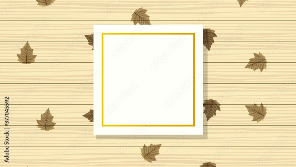 Sticker hello autumn animation with leafs in square frame