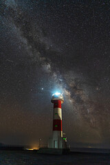 Beautiful Fuencaliente Lighthouse with the milky way on the route of the volcanoes south of the island of La Palma, Canary Islands, Spain