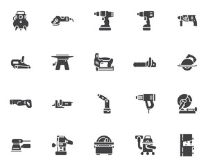 Power tool vector icons set, modern solid symbol collection, filled style pictogram pack. Signs, logo illustration. Set includes icons as drill press, screwdriver, woodworking sander, carpentry saw