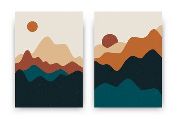 Abstract landscape poster set. Contemporary background, modern boho sun and mountains minimalist wall decor. Vector art print