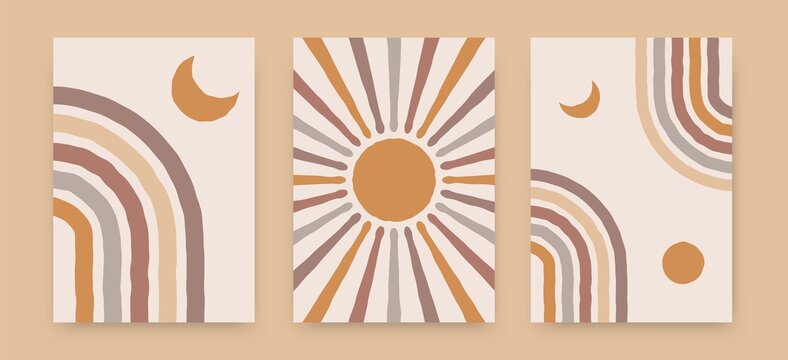 Abstract sun moon rainbow posters. Contemporary backgrounds, boho covers trendy mid century style. Geometric vector wall decor