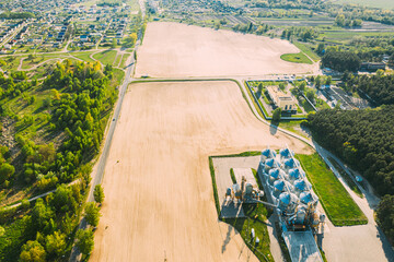 Aerial View Modern Granary, Grain-drying Complex, Commercial Grain Or Seed Silos In Sunny Spring...