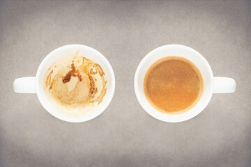 Empty Coffee cup and Full Coffee Cup on fine art texture with vintage colour style