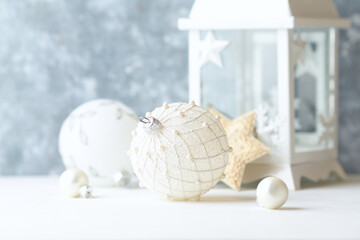 Christmas decoration. Bright wooden background. Close up.	