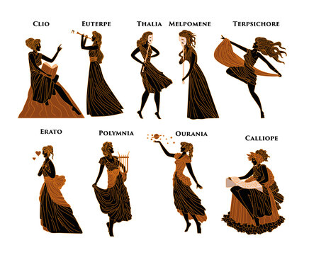 greek mythology muses Clio, Euterpe, Thalia, Melpomene, Terpsichore, Erato, Polymnia, Ourania and Calliope, 