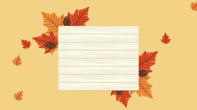 hello autumn animation with leafs in square frame