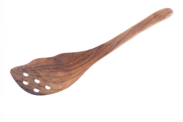 Natural Wooden spatula or flipper on white background, Kitchenware cooking concept