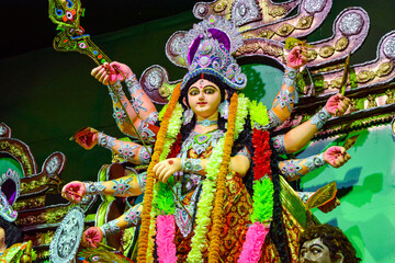 Close up view of Maa Durga's Face during Durga Puja .Durga Puja or Durgotsava,is an annual Hindu...