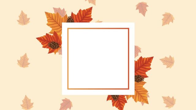 hello autumn animation with leafs in square frame