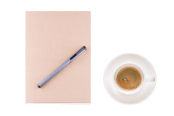 Vintage diary book and coffee cup on white background, for writing,reading and education concept