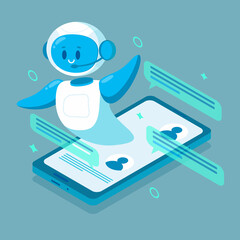 Smiling chat bot character robot helping solve a problems. For website or mobile application. Flat cartoon illustration isolated on blue background.