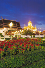 Wat Ratchanatdaram a Beautiful temple at twilight time, the temple is best known for the Loha Prasat famous landmark for tourist in Bangkok,Thailand