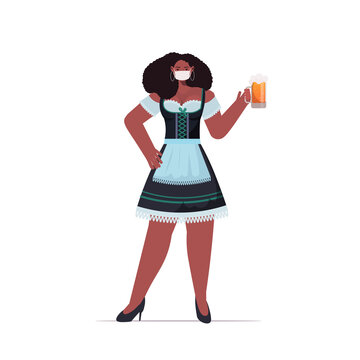 woman in medical mask holding beer mug Oktoberfest party celebration coronavirus quarantine concept african american girl in german traditional clothes full length vector illustration