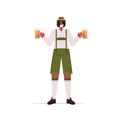 man in medical mask holding beer mugs Oktoberfest party celebration coronavirus quarantine concept african american guy in german traditional clothes full length vector illustration