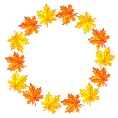 Watercolor autumn frame. Wreath made of hand drawn autumn maple leaves. Greeting card or Invitation