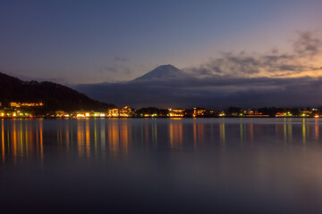 Beautiful natural landscape view of Mount Fuji at Kawaguchiko during twilight time  in autumn season at Japan. Mount Fuji is a Special Place of Scenic Beauty and one of Japan's Historic Sites.