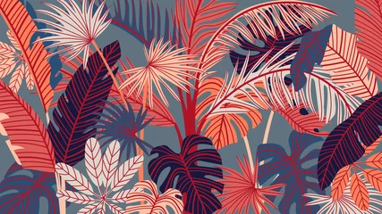 Tropenwald-Art-Deco-Tapete. Blumenmuster mit exotischen Blumen und Blättern, gespaltene Philodendron-Pflanze, Monstera-Pflanze, Dschungelpflanzen-Strichzeichnungen auf trendigem Hintergrund. Vektor-Illustration. © TWINS DESIGN STUDIO