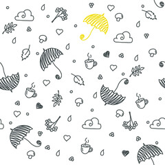 Seamless pattern with umbrellas and leaves. Fabric background for kids clothing and paper products. 