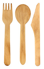 Environmentally friendly single use wooden cutlery including knife, fork and spoon isolated on a white background