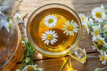 Herbal chamomile tea. Chamomile flowers near teapot and tea glass. Top view.