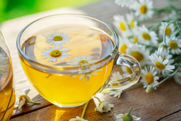 Herbal chamomile tea and chamomile flowers near teapot and tea glass on wooden table. Countryside background.