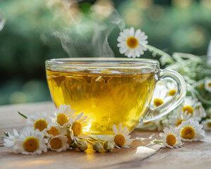 Herbal chamomile tea and chamomile flowers near teapot and tea glass on wooden table. Countryside...
