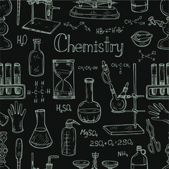 Seamless pattern with cute hand drawn chemistry elements. Vector science cartoon collection