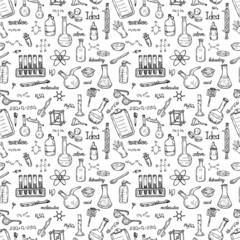 Seamless pattern with cute hand drawn chemistry elements. Vector science cartoon collection
