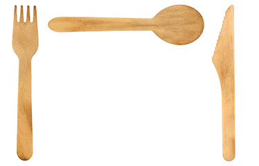 Environmentally friendly single use wooden cutlery including knife, fork and spoon isolated on a white background