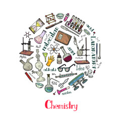 Round composition with cute hand drawn chemistry elements. Vector science cartoon collection