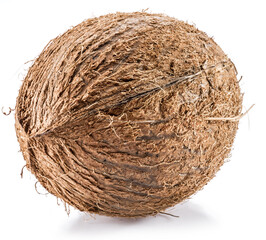 Coconut - large brown tropical fruit isolated on white background.