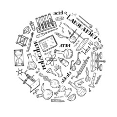Round composition with cute hand drawn chemistry elements. Vector science cartoon collection