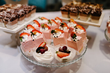 Sweet table. A plates of cakes and muffins with cream with berries. Table with sweets, candy, buffet. Dessert table for a party goodies. Close up. party reception, decorated in restaurant. candy bar