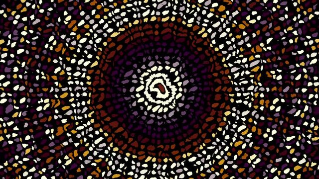 Transforming Mandala in afro style on black background. Seamless loop footage.