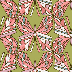 Fototapeta premium Abstract seamless vector pattern lined design of pastel pink crystal geometric ornamental butterflies on green. The design is perfect for textiles, decorations, wrapping paper, wallpaper, backgrounds