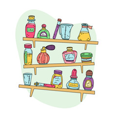 Perfume bottles, beakers and essential oils on the rack. Preparation of perfumes. Vector illustration
