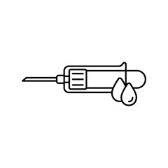 Syringe for blood sampling from vein with drops. Line art logo of laboratory tests. Illustration of vacuum medical tool for taking biological material. Contour isolated vector icon white background