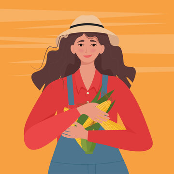 Woman farmer with corn in hand. Vector illustration in flat style