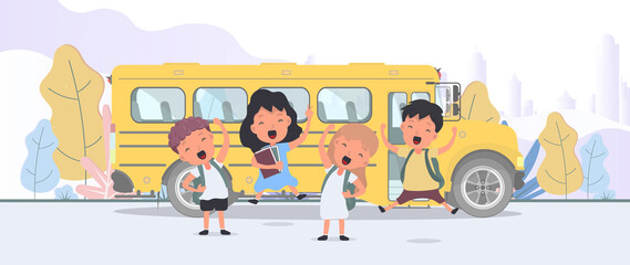 Happy children and a school bus. Children go to school. Yellow bus for school. Vetkor.